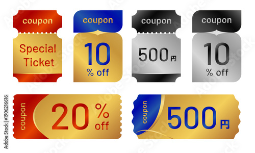 ゴールドとシルバーのクーポン・ギフト券デザイン素材セット。10%・20%OFFの割引ラベル、500円割引チケット、スペシャルチケットなどのメタリックなベクターアイコン。ECサイトのセール、プレミアムキャンペーン、高級店、プロモーション広告に最適な高品質デザイン。