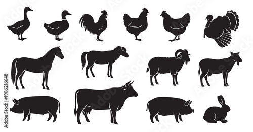Livestock, Farm animals silhouette collection, black icons set, vector illustration