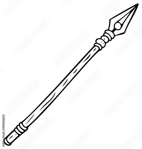 Hand drawn cartoon style black outline spear weapon illustration with sharp point and long shaft ancient hunting tool
