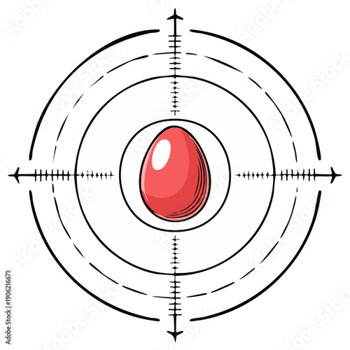 Red egg centered inside of a target reticle graphic with crosshairs on white