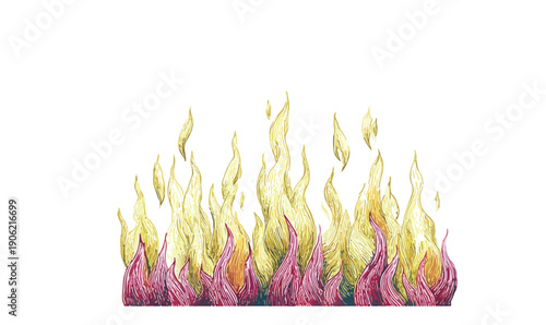 Llamas de fuego estilizadas pintadas a mano con técnica de acuarela en colores vibrantes sobre fondo blanco aislado y efecto transparente.