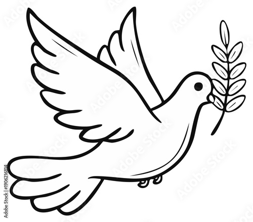 Outline drawing of a dove carrying an olive branch, symbolizing peace