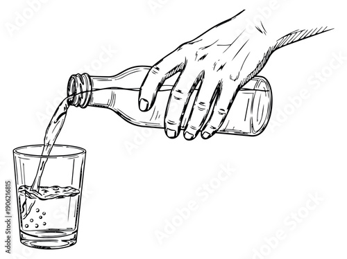 Hand drawn line art illustration of a hand pouring liquid from a bottle into a glass for refreshment