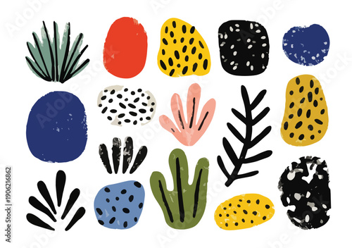 Conjunto de ilustraciones botánicas minimalistas y manchas abstractas de colores vibrantes con estilo artístico contemporáneo y fondo transparente.