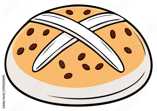 Freshly Baked Hot Cross Bun with Raisins and Creamy White Cross on Top