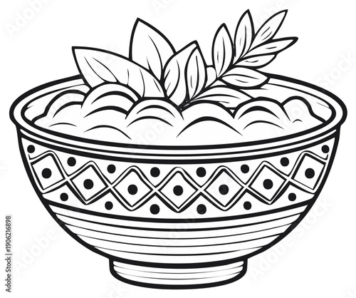 Decorative black and white illustration of a bowl with food and decorative garnish
