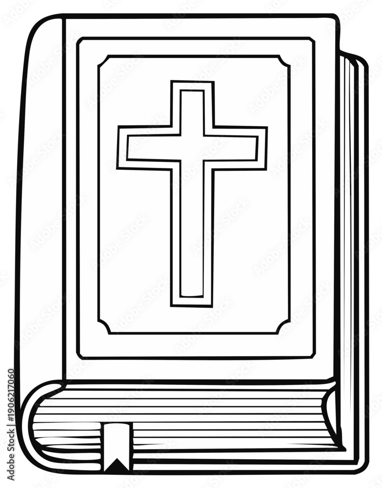 Fototapeta premium Religious Book with Christian Cross Symbol on Cover Simple Black and White Line Art Illustration