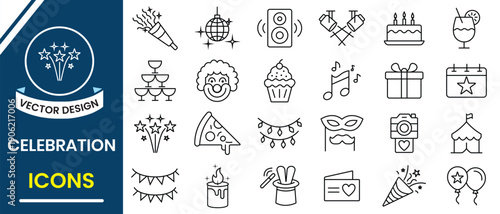 Celebration and party icon set. Out line icon of Ceremony, celebration and event planning. Festive elements set. Vector illustration.