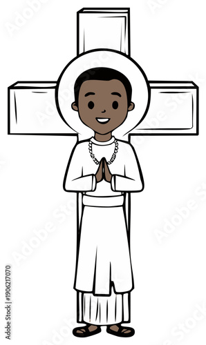 Young Boy Praying in Traditional White Garment Before a Large Cross