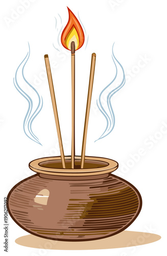 Three lit incense sticks smoldering in a rustic clay pot releasing fragrant smoke