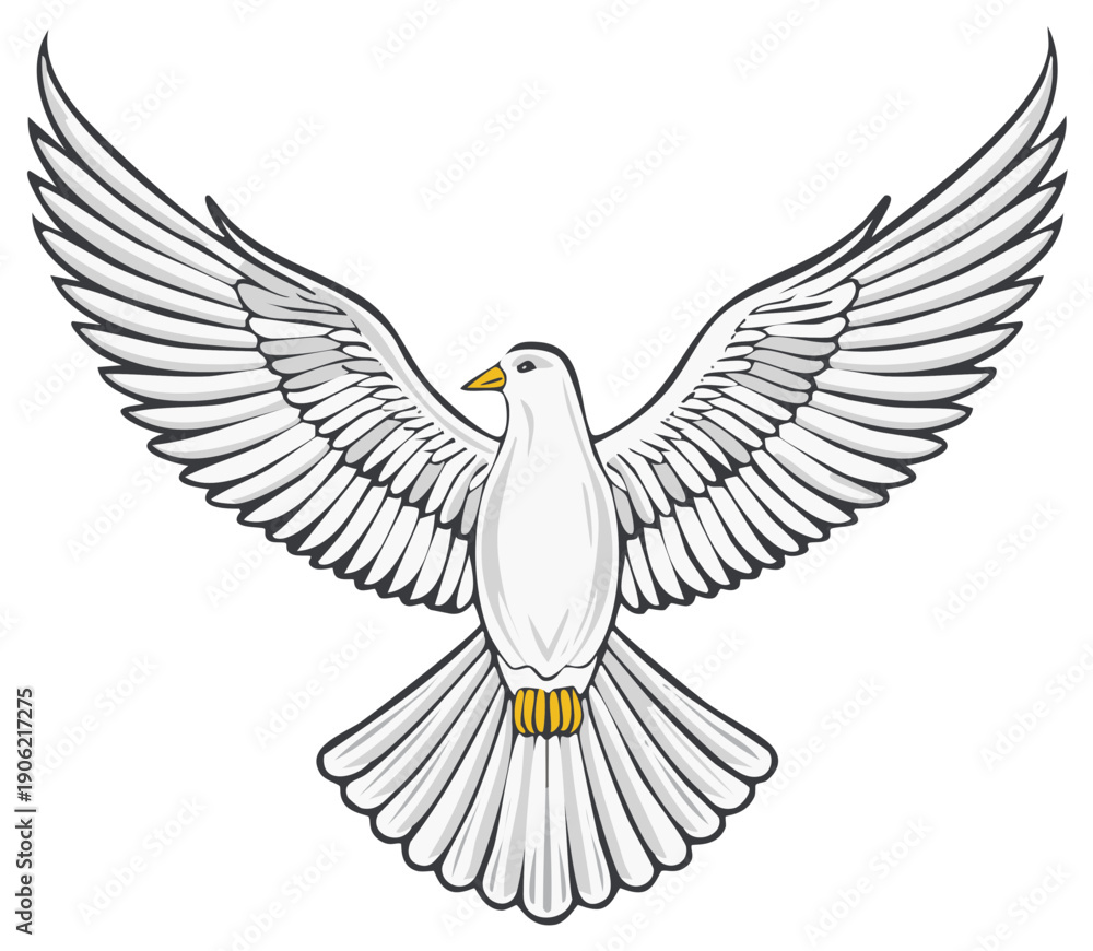 Obraz premium Dove illustration with spread wings, symbol of peace and freedom, bird in flight, religious symbolism, white dove with open wings.