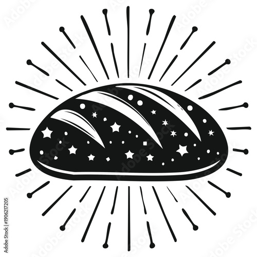 Stylized Loaf of Bread with Star Pattern and Sunburst Rays