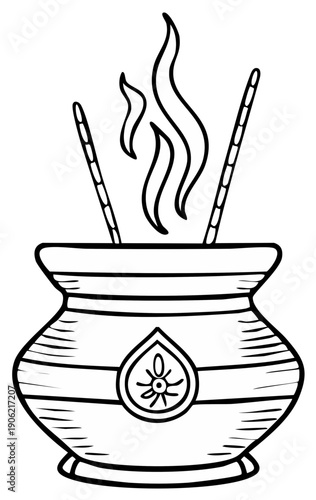 Illustration of a traditional religious vessel with incense sticks and rising smoke.