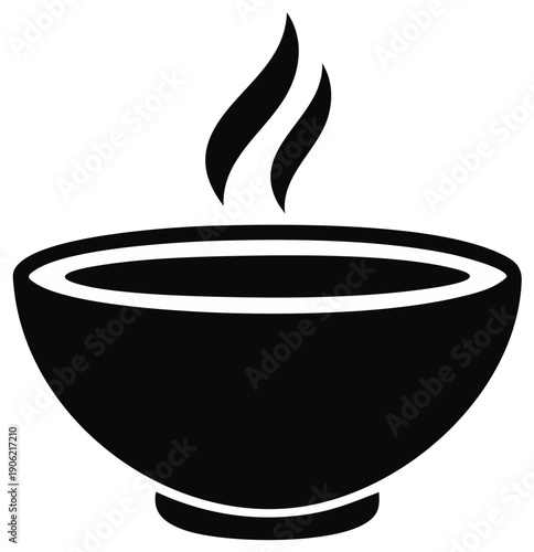 Bowl of hot soup silhouette, steaming, simple black and white food icon