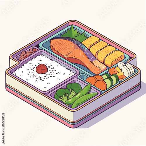 Bento Box (弁当) A flat vector image of a Japanese bento box with rice, grilled salmon, pickles, tamagoyaki, and veggies. Symmetrical layout, clean outlines, pastel color accents.