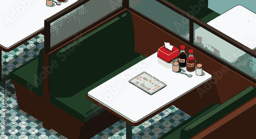 茶餐廳卡位 Seating Booth A flat vector depiction of a green leather booth seat with a marble tabletop, mosaic tiles, a tissue box, and condiments (soy sauce, chili oil). Soft shadows, retro HK interior
