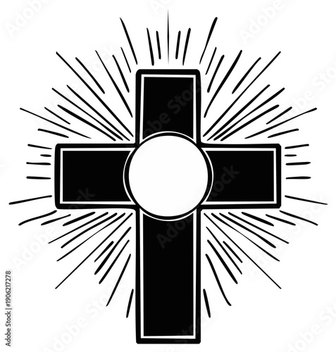 Black religious cross with radiating light rays and central circle graphic illustration