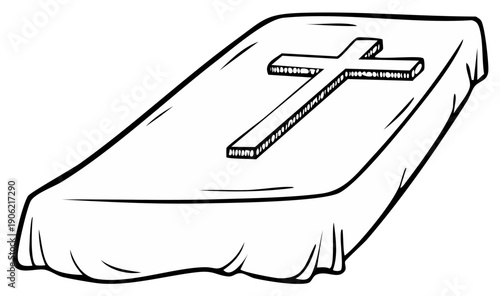 Stylized Casket Covered with Cloth Featuring a Raised Cross Design