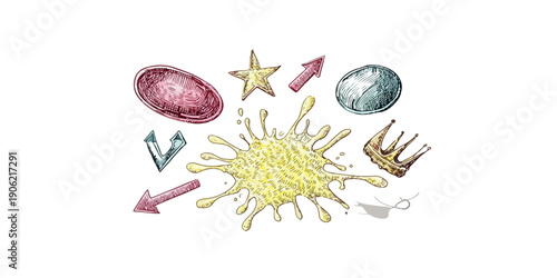Colección de elementos gráficos dibujados a mano con salpicadura amarilla, estrella dorada, flechas rosas y corona sobre fondo blanco transparente.