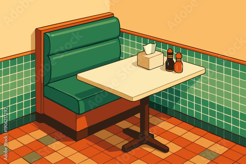茶餐廳卡位 Seating Booth A flat vector depiction of a green leather booth seat with a marble tabletop, mosaic tiles, a tissue box, and condiments (soy sauce, chili oil). Soft shadows, retro HK interior