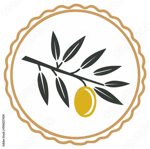 Olive branch emblem in a circular frame, natural food illustration.