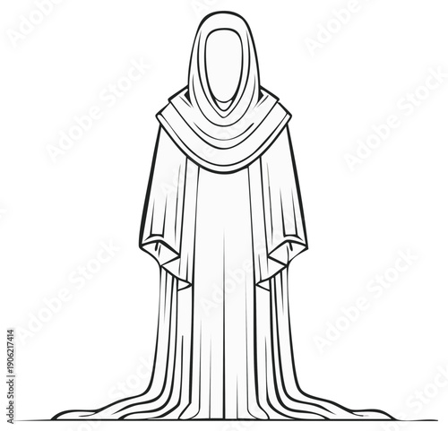 Mysterious hooded figure in flowing robes outline drawing monochrome