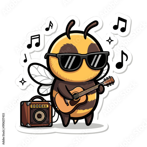 Cartoon Bee Playing Guitar with Sunglasses.