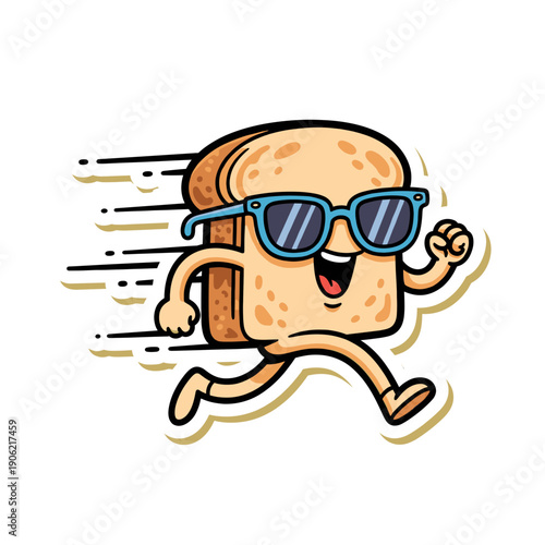 Cartoon Bread Character Running with Sunglasses.