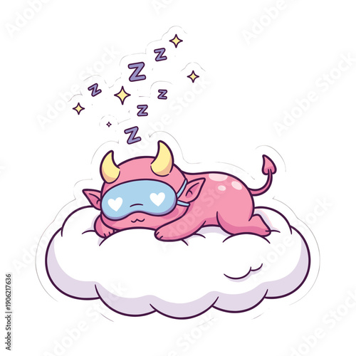Pink Cartoon Cow Sleeping on Cloud.