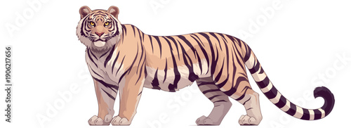 Un majestuoso tigre siberiano ilustrado de cuerpo entero con pelaje rayado, aislado sobre un fondo transparente para uso en composiciones digitales.