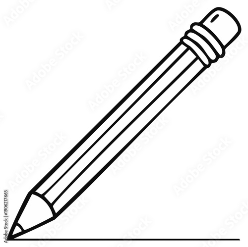 Simple black and white line art illustration of a pencil with eraser drawing a straight line