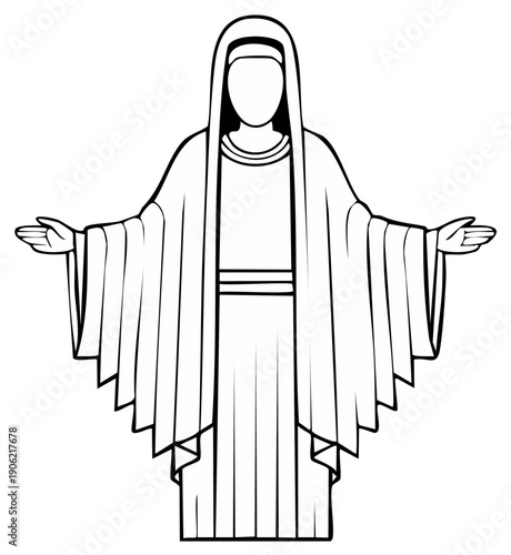 Religious figure with open arms, welcoming gesture illustration, conceptual artwork, symbol of hope