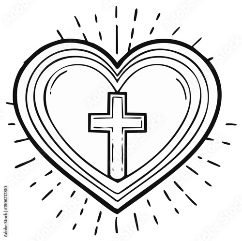 Hand drawn Christian cross inside a radiant heart a symbol of faith love and religion