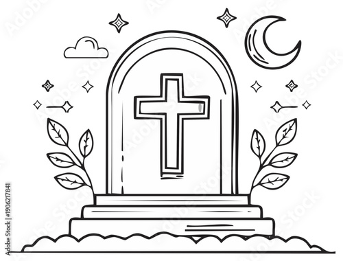 Christian Gravestone with Cross and Crescent Moon Illustration