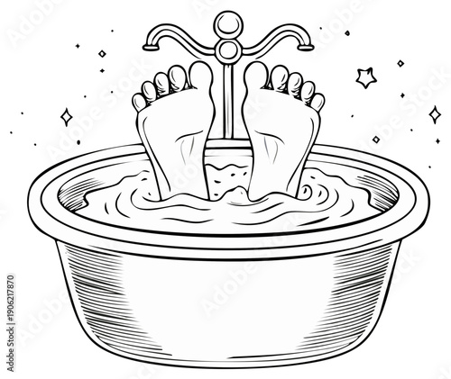 Close up of feet emerging from bubbly bathwater in a vintage clawfoot tub with sparkling water droplets.