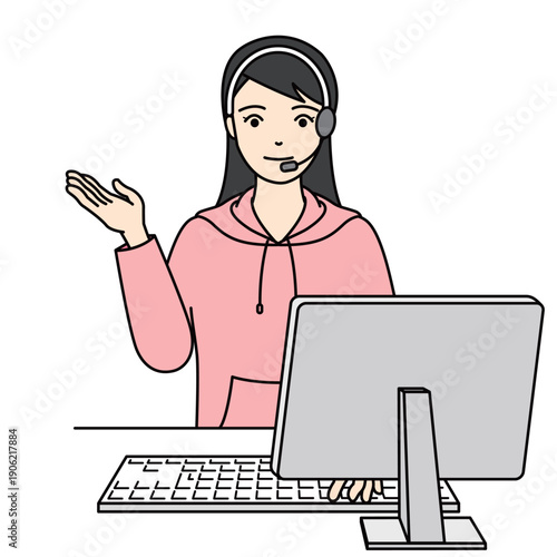 在宅ワークで案内を行うパーカー姿の女性オペレーター