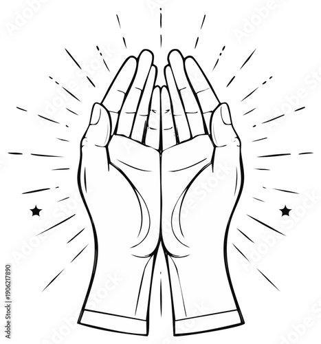 Outstretched hands illustration for protection, gratitude, support, or spiritual connection in a simple black line art drawing.