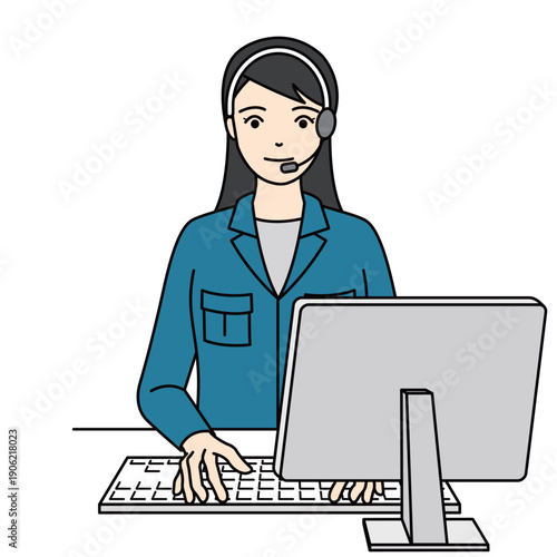 笑顔でデスクワークを行う作業服姿の女性オペレーター