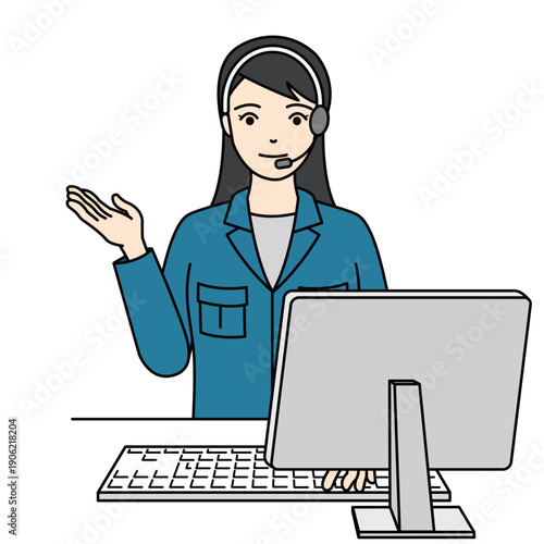 サービスを案内する作業服姿の女性コールセンターオペレーター