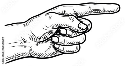 Hand drawn line art illustration of a human hand depicting a pointing gesture for communication and direction