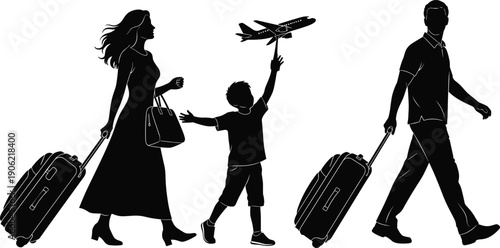 Family travel silhouettes walking with luggage child playing airplane parents journey vacation black vector illustration isolated white background design concept
