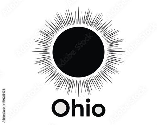 A black and white illustration of the state of Ohio with a sunburst design