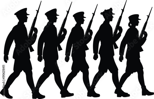 Silhouette of male and female soldiers marching with rifles in formation, military parade illustration isolated on white background symbolizing unity, discipline, diversity, and armed forces readiness