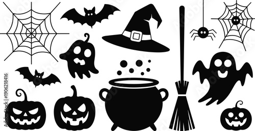 Halloween icons set illustration, spooky pumpkins ghosts bats witch hat cauldron broom spider web silhouettes isolated white background vector design
