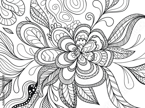 A beautiful black and white floral design with intricate patterns and swirling lines for adult coloring books