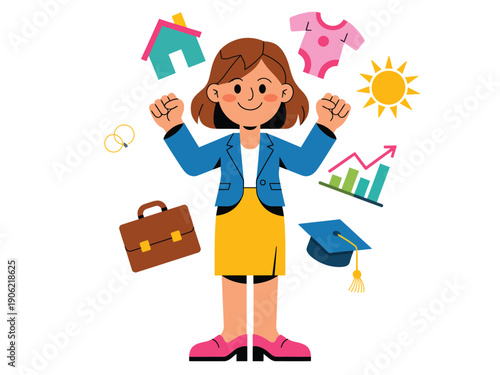 Woman juggling work, family, and personal goals with determination and success.