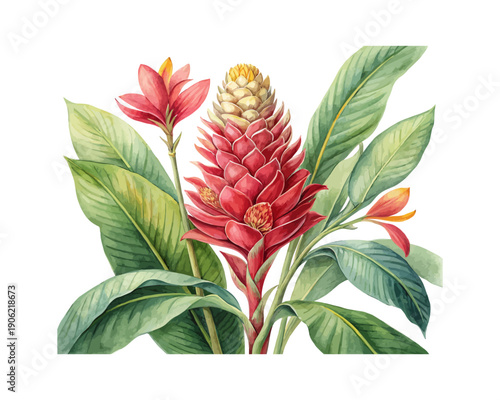 Exotic Ginger Watercolor Flower, Tropical Botanical Clipart Illustration Isolated on White