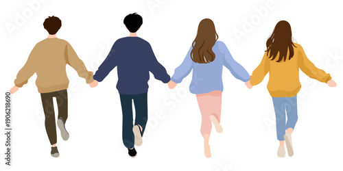 Vier junge Menschen halten Händchen und laufen fröhlich zusammen, isoliert auf transparentem Hintergrund.