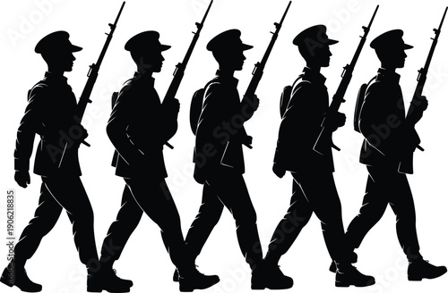 Silhouette of marching soldiers with rifles in formation, military parade illustration isolated on white background representing discipline, teamwork, armed forces training and preparedness concept