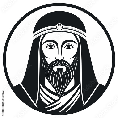Black and white portrait of a bearded man in a head covering within a circle.
